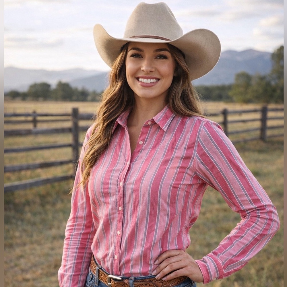 Ralph Lauren Polo Jeans Co Womens Large Long Sleeve Button Up Pink Striped Shirt